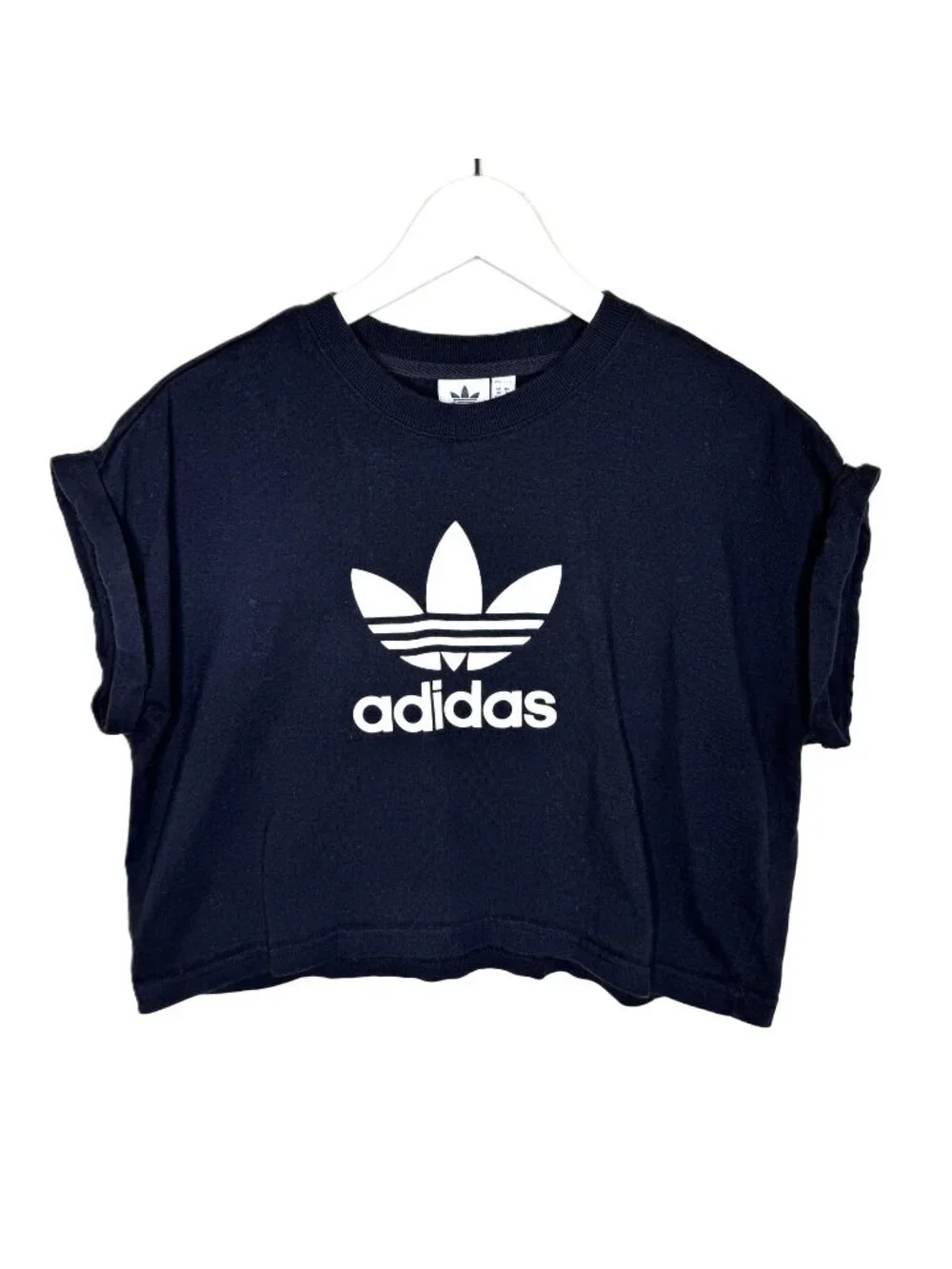 Adidas Women's Black Cropped Trefoil T-Shirt, Cap Sleeves, Size Medium - Picture 1 of 6